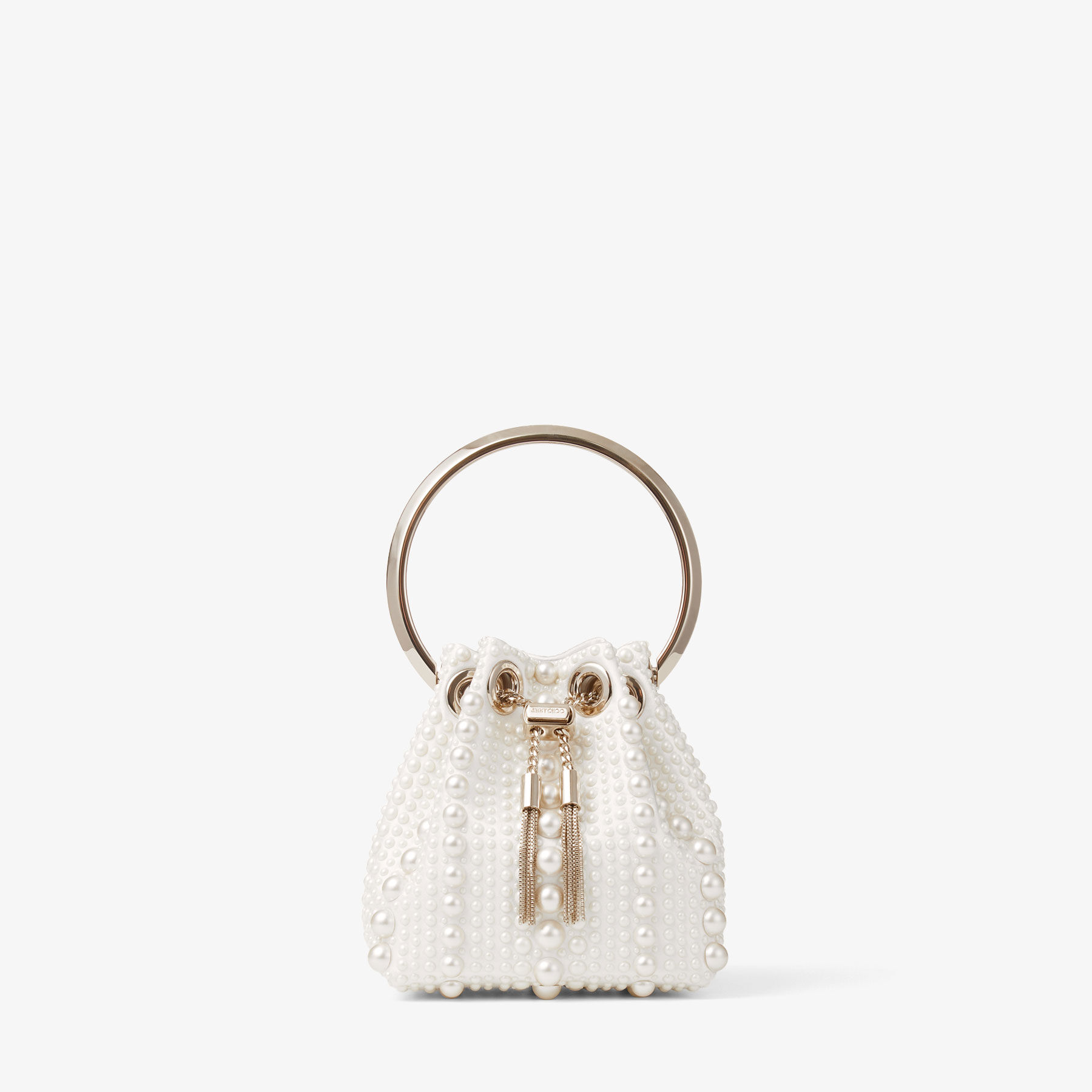 Micro Bon Bon | Ivory Satin Mini Bag with All-Over Pearls | JIMMY CHOO