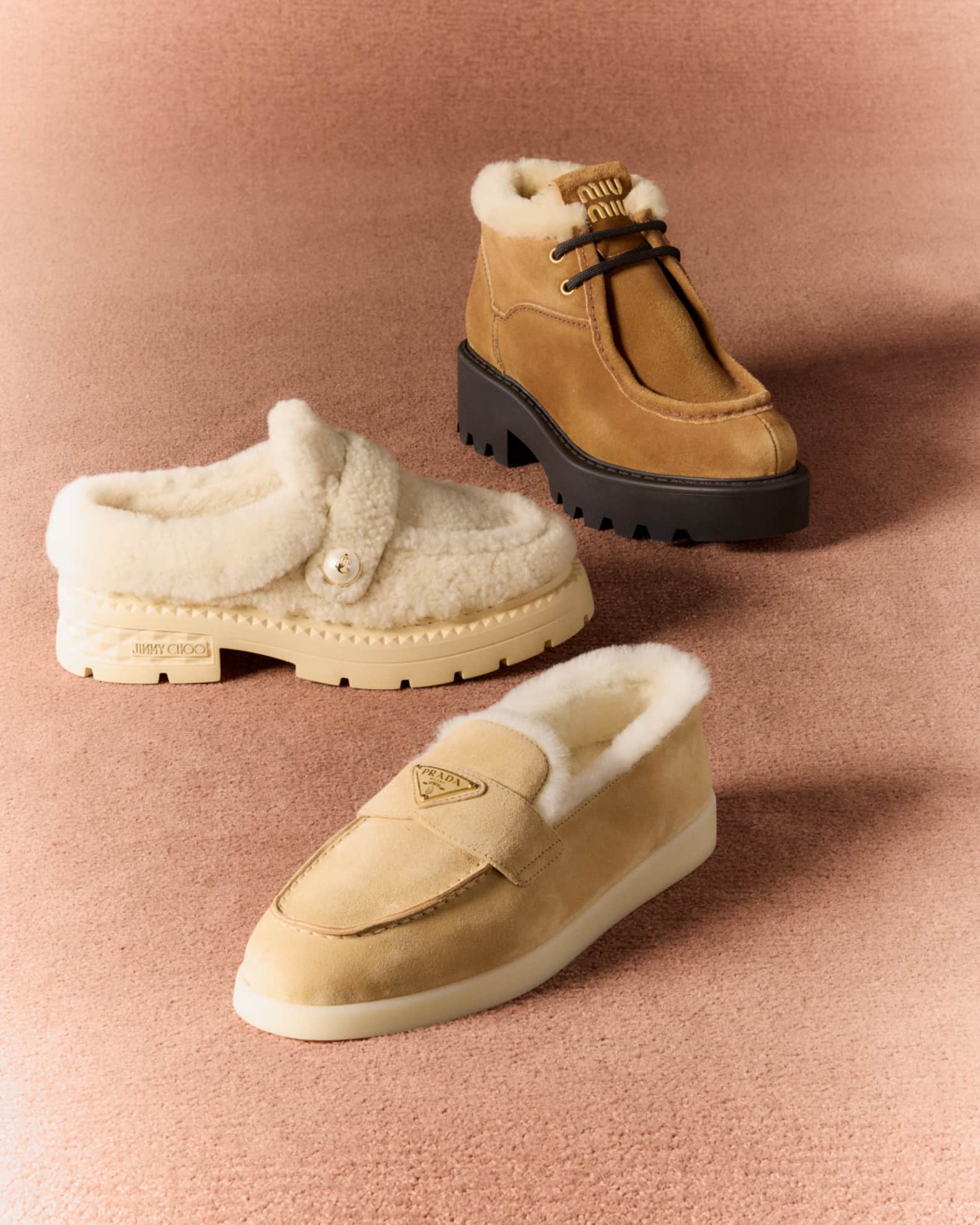 Miu Miu Suede Shearling Lace-Up Chukka Booties | Neiman Marcus