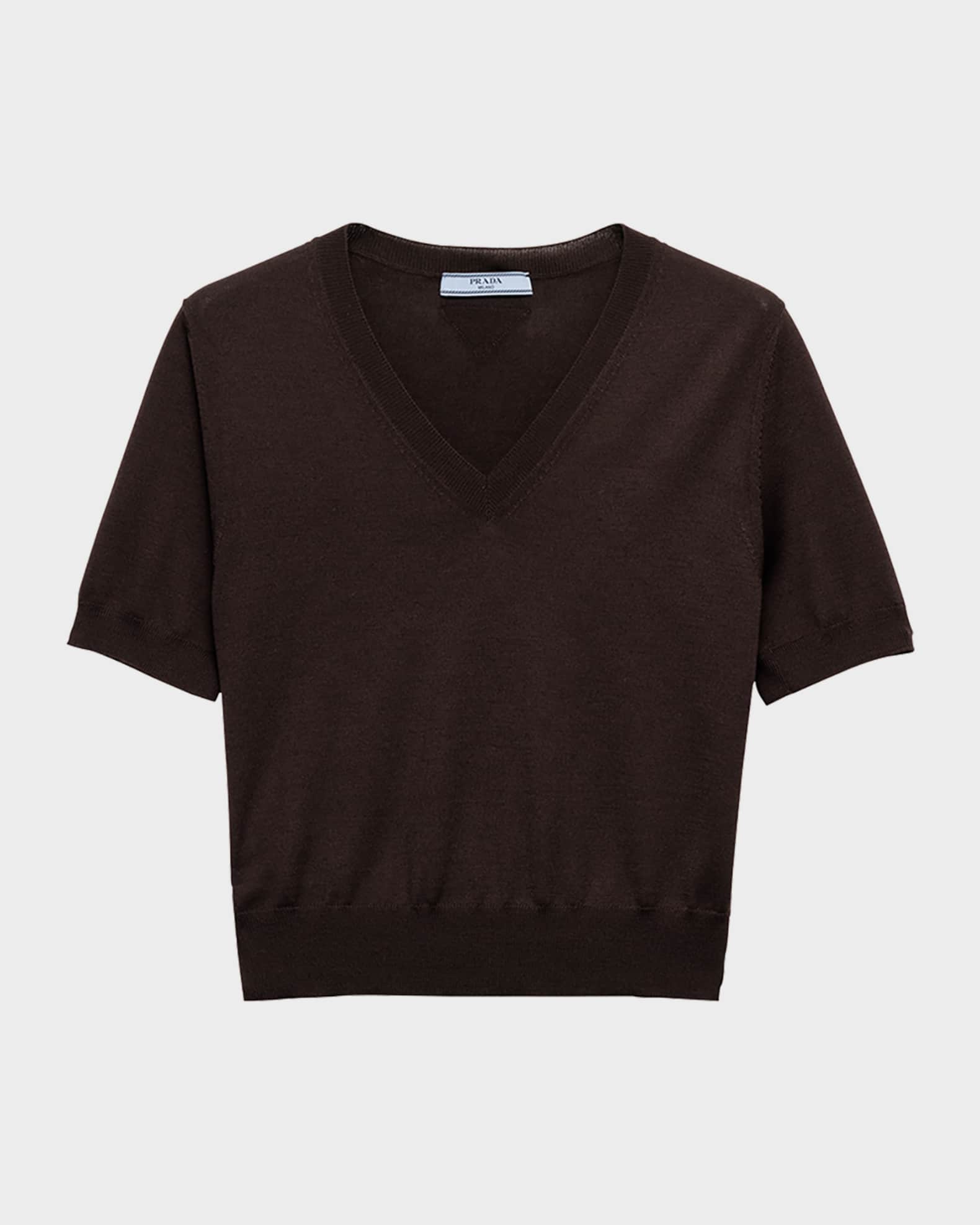 Prada V-Neck Short Sleeve Boxy Wool Sweater | Neiman Marcus