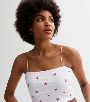 White Cherry Embroidered Strappy Crop Top | New Look