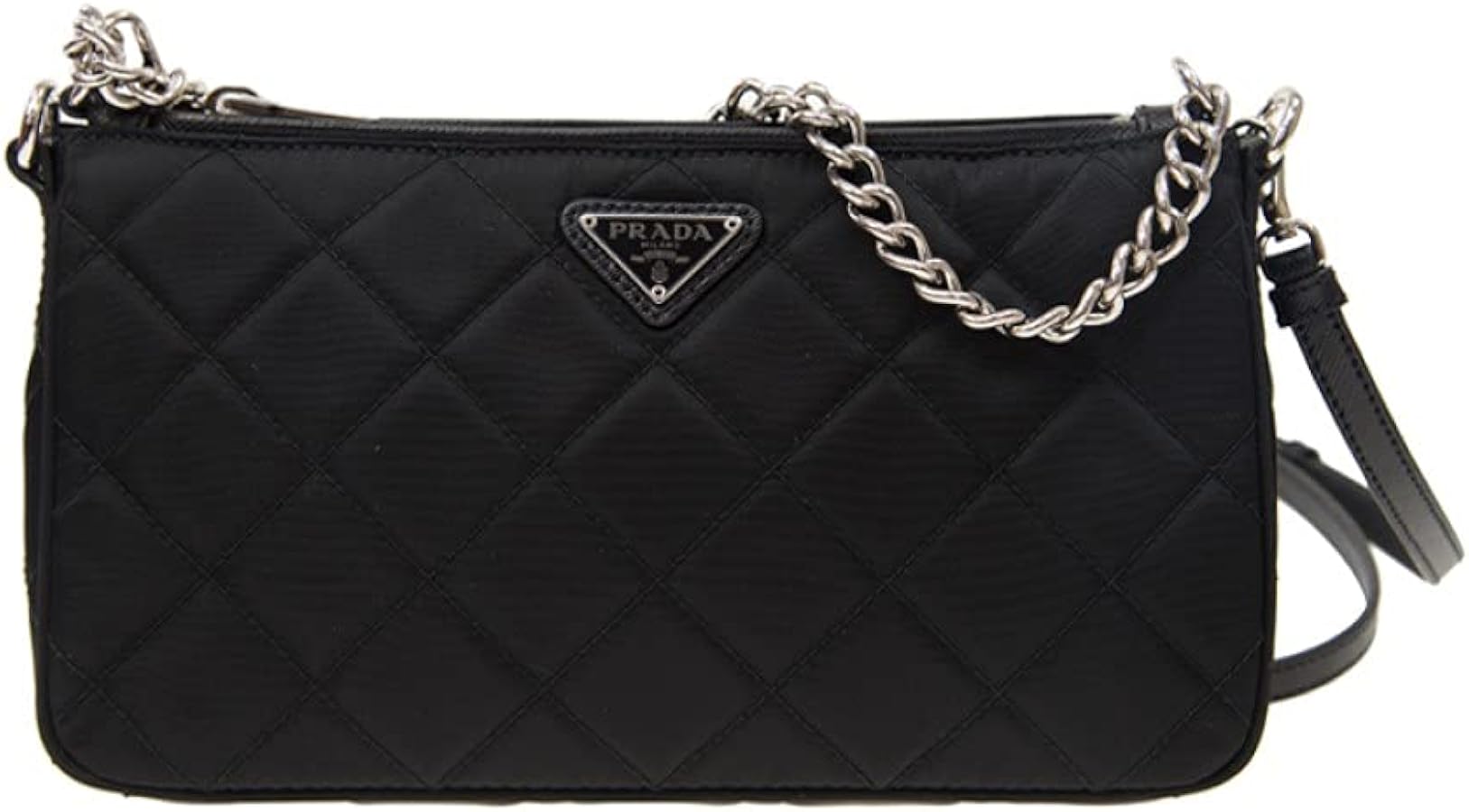 Prada Black Quilted Tessuto Nylon Chain Crossbody Bag Silver