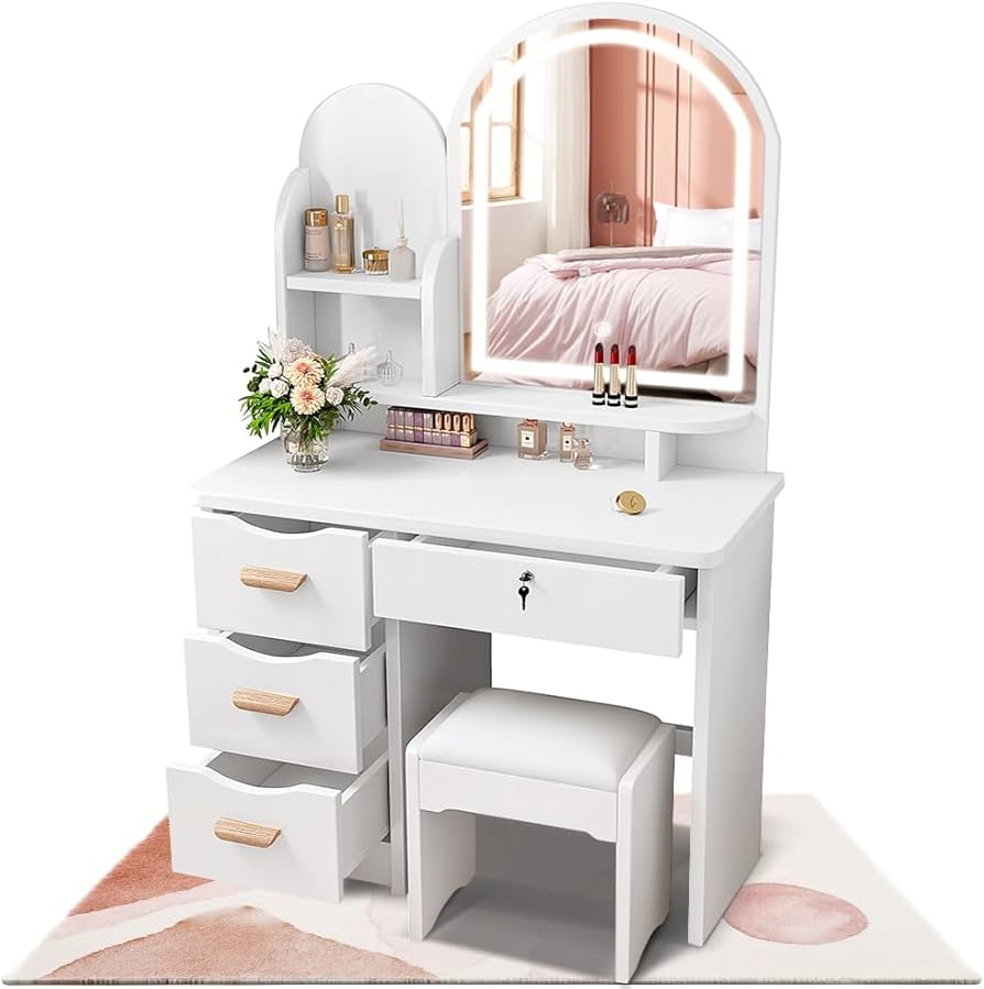 Amazon｜ドレッサー コンパクト 白 3色LED ライト 収納沢山 化粧台