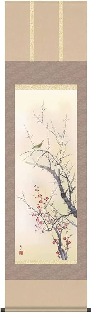 Amazon.co.jp: 掛け軸／掛軸 紅白梅に鶯 （田村 竹世） : ホーム＆キッチン