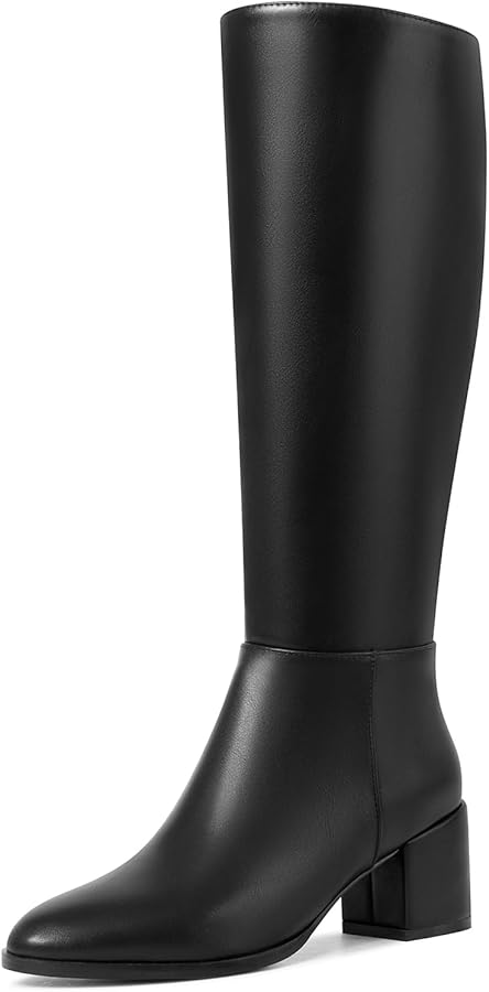 Amazon.com | Black Knee High Boots Women Chunky Heel Round Toe