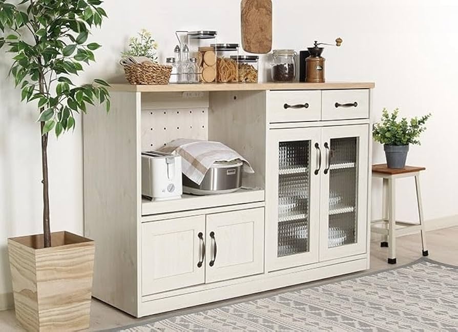 Amazon｜キッチンカウンター カウンターテーブル 食器棚 引き戸 レンジ