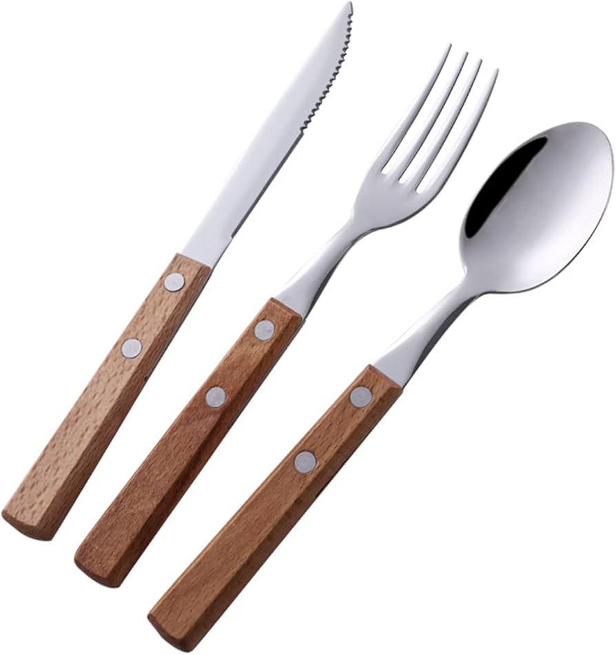 Amazon | 銀器セット、木製ハンドル ステーキ ナイフとフォーク