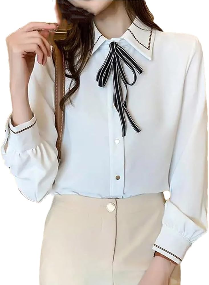 Fashion Lapel Solid Color Lace Up Bow Blouse Women's Autumn Loose