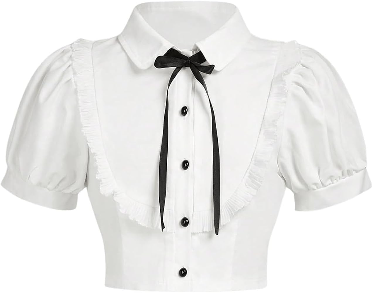 Amazon.com: Verdusa Girl's Y2k Cinched Crop Blouse Tie Front Puff