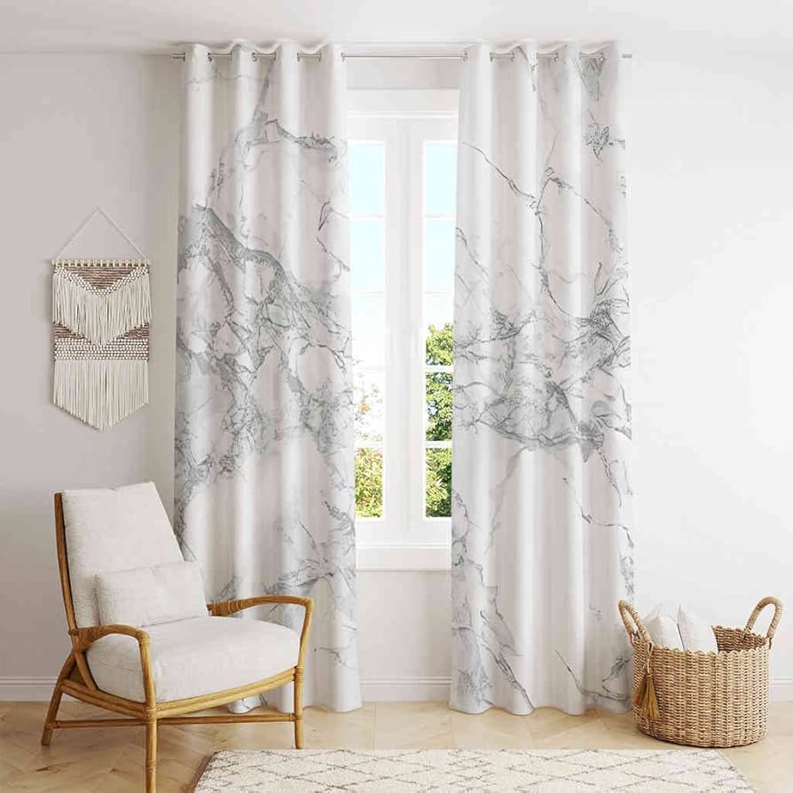 Amazon｜VISALUNA 遮光カーテン ホワイトグレー大理石のテクスチャ