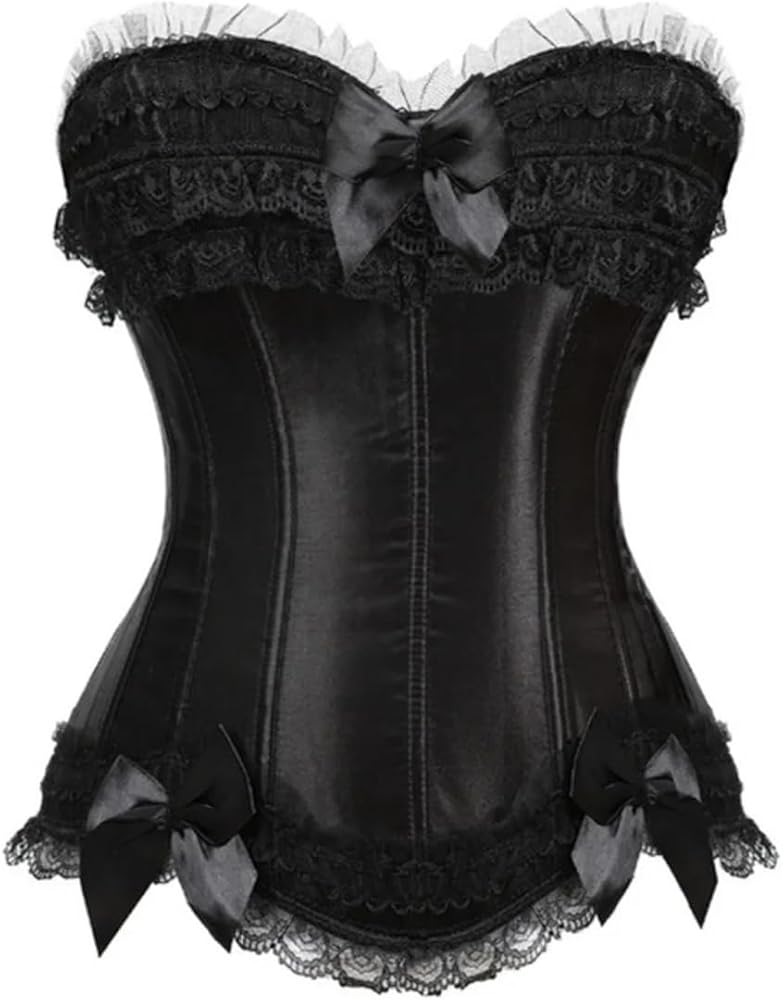 Women Overbust Bustier Corset Sexy Satin Zip Bowknot Corsets