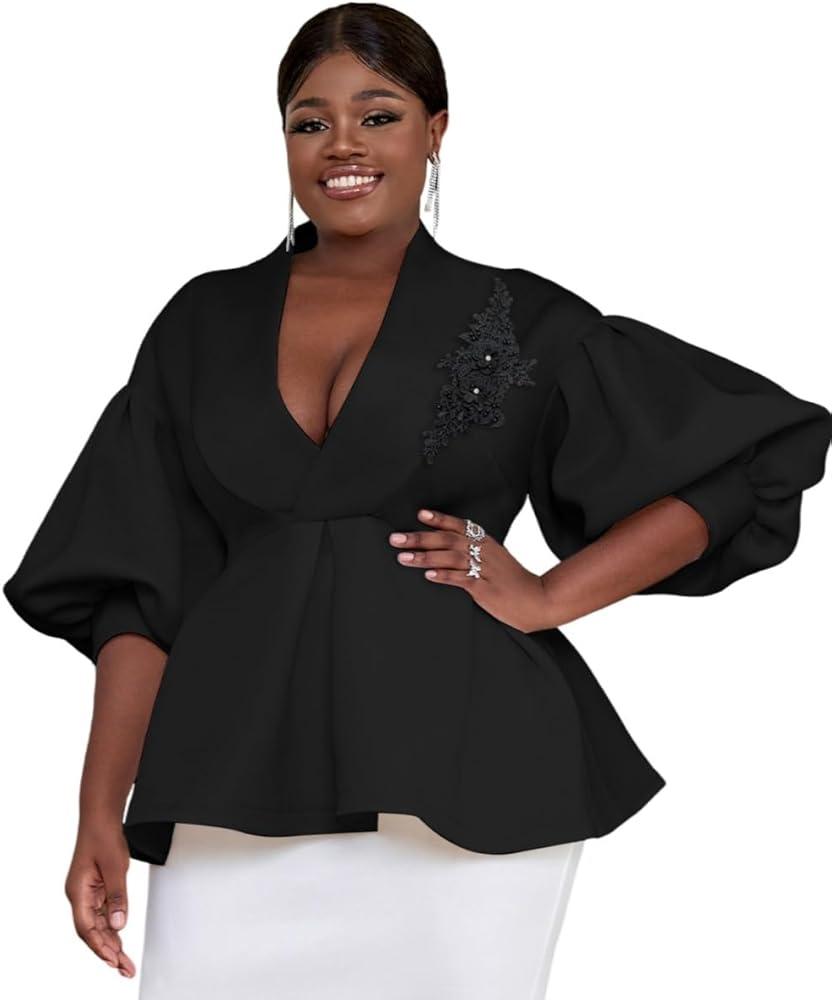 AOMEI Basic Floral Applique Tops for Women Work V Neck Puff Sleeve