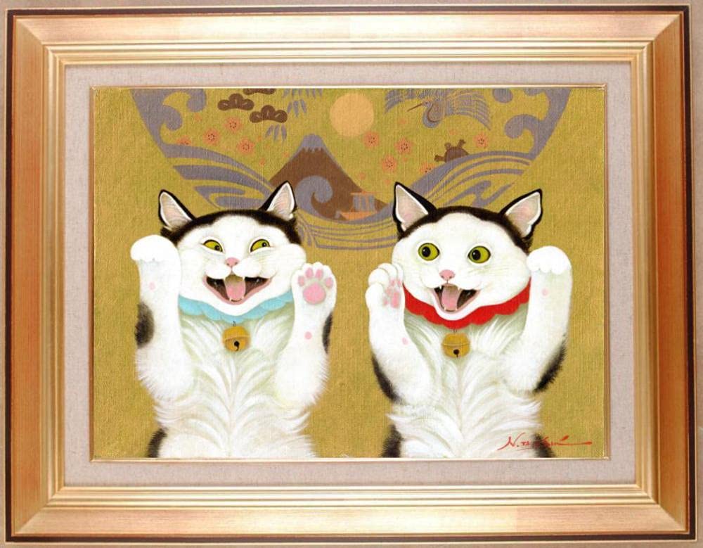 Amazon.co.jp: 高橋伸子 「まねきねこまねこ」 猫 絵画 油絵 額付き
