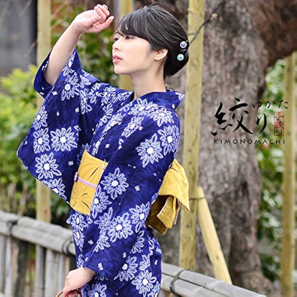 Amazon | [ 京都きもの町 ] 女性 浴衣 紺藍色 菊菱 絞り浴衣 日本製