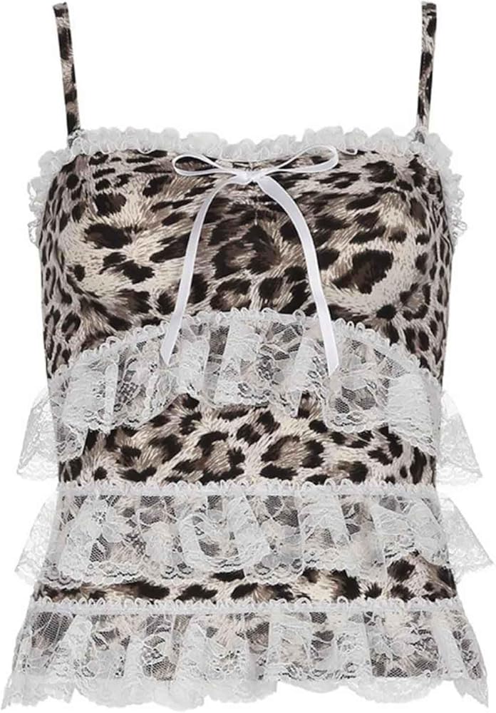 Amazon | [TISTIK] Y2K ヒョウ柄トップス女性のための美的レースパッチ