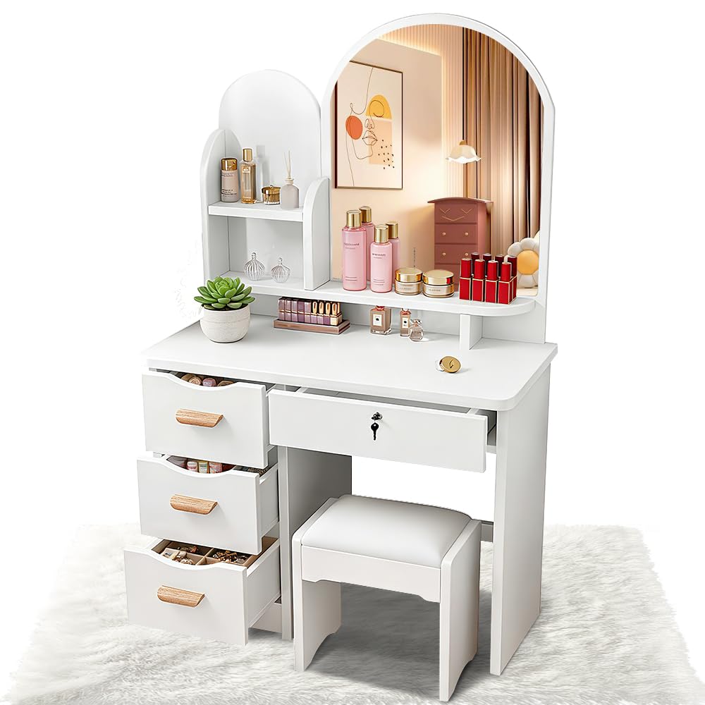 Amazon｜EJ ドレッサー コンパクト 大型女優ミラー 鍵付き 幅80cm 化粧