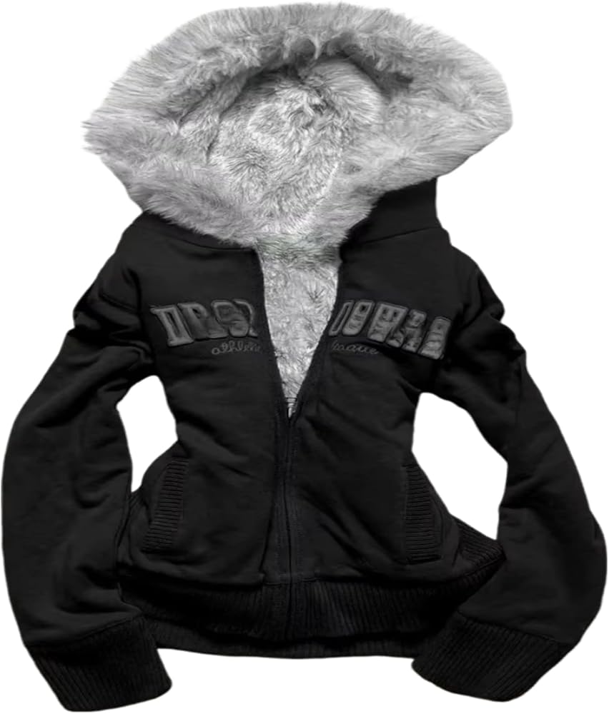 OANTGM Crop Winter Coats Teen Y2k Zip Up Hoodie Fur Jackets