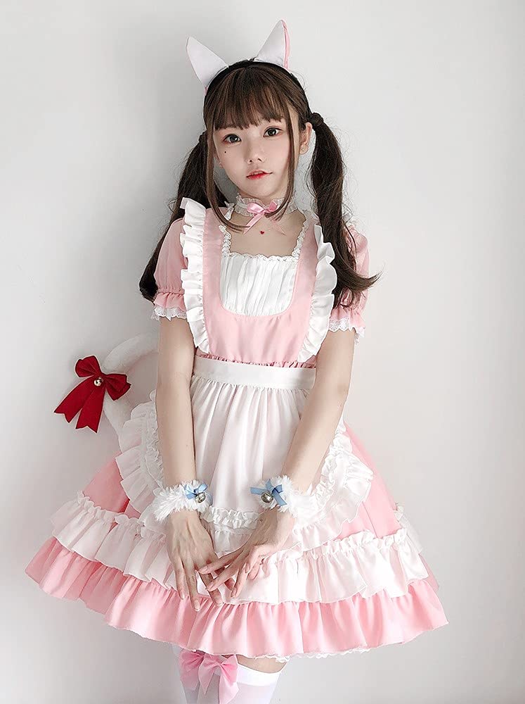 Amazon | メイド 服 パニエ付け ピンク 半袖 メイド服 コスプレ 衣装