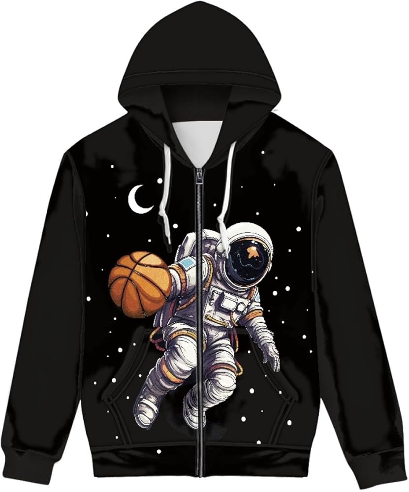 KIDVOVOU Men's NASA Astronaut 3D Print Long Sleeve Zip Up Hoodie