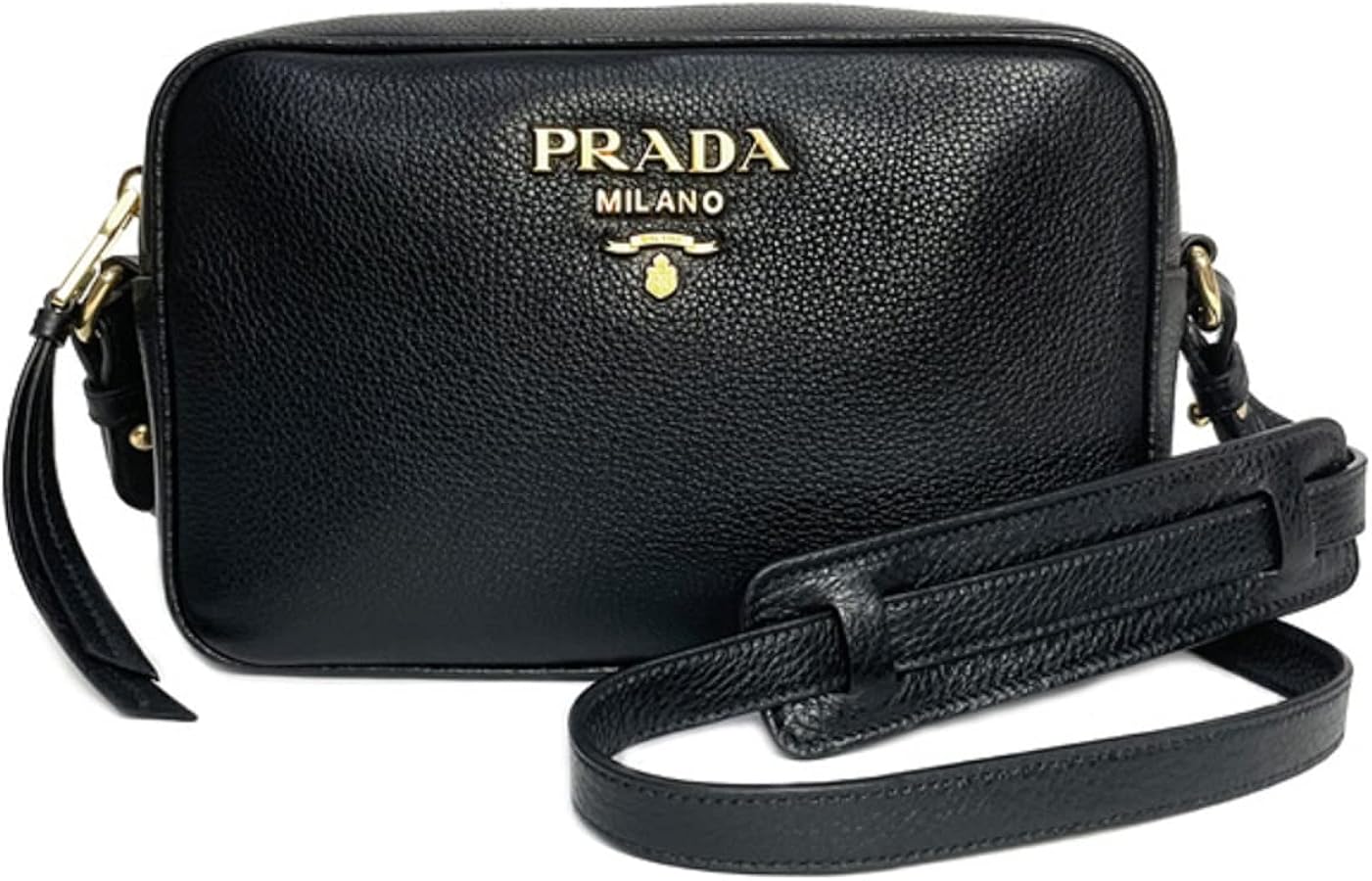 Prada Vitello Phenix Black Leather Camera Crossbody Bag Gold-Tone