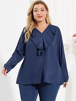 Agnes Orinda Women's Plus Size Ruffle Blouse Chiffon V Neck Work