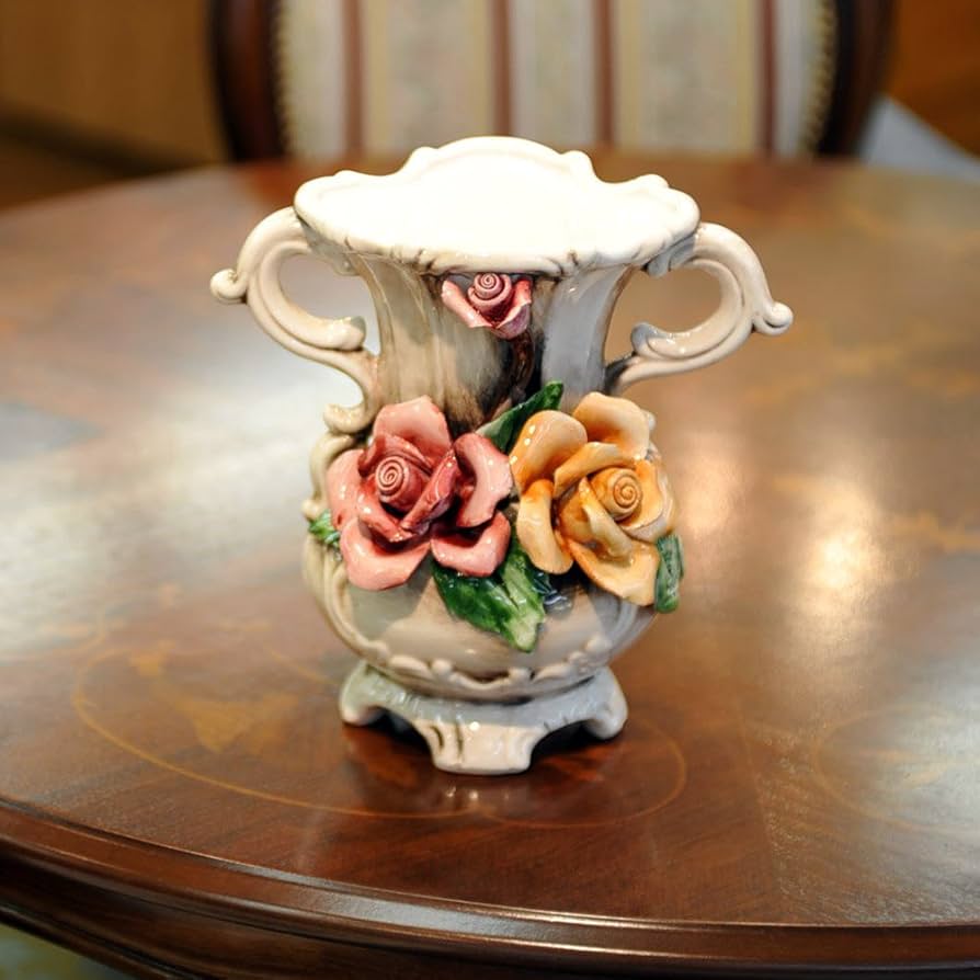 Amazon.co.jp: イタリア製 バラ 陶花 両手付 小 花瓶 カポディモンテ