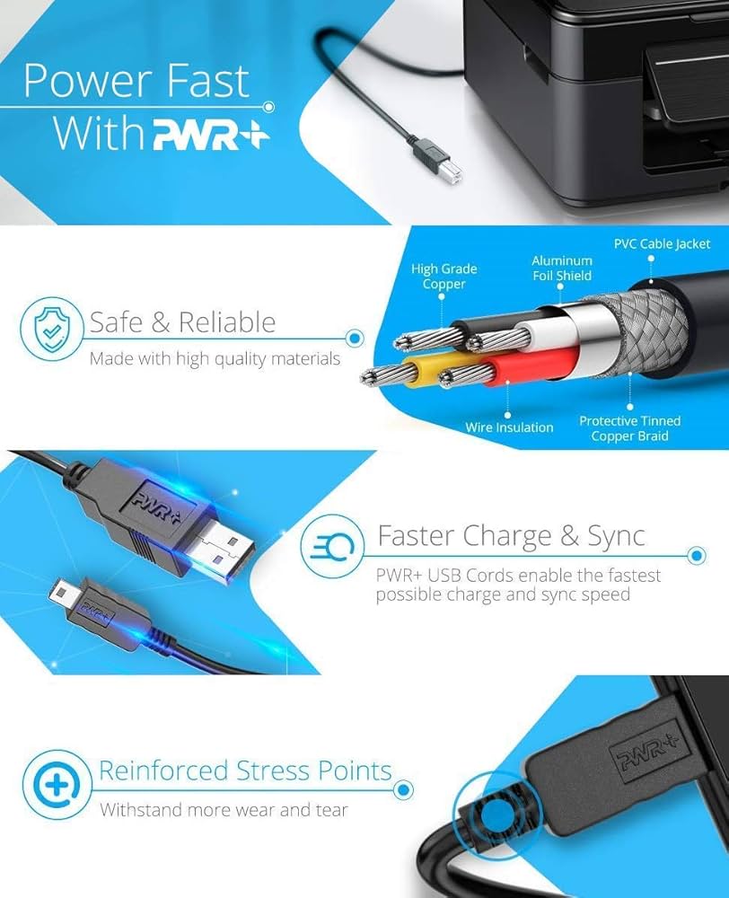 Amazon.com: PWR+ 6Ft Long USB-Printer-Cable 2.0 for HP OfficeJet