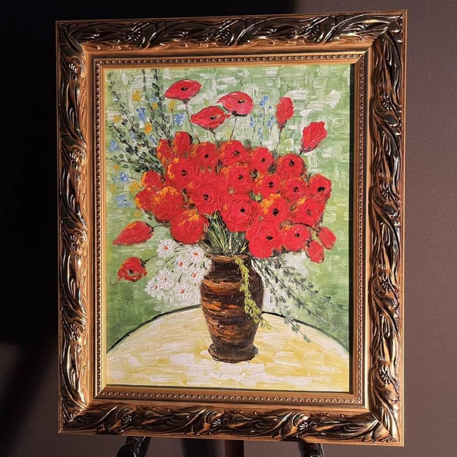 Amazon.co.jp: 手書き油絵 ゴッホ 赤いヒナゲシとヒナギク 額付 絵画