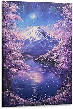Amazon.co.jp: 絵画 富士山の夜桜が美しい景色インテリア 絵画 美しい