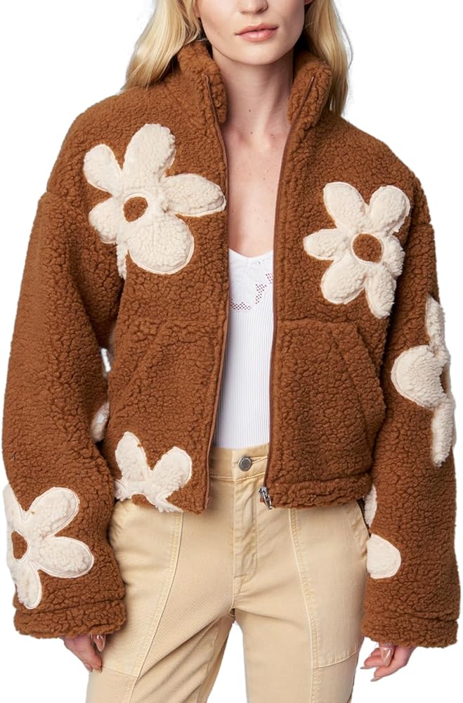 HOULENGS Women's Floral Print Sherpa Fleece Jackets Casual Long