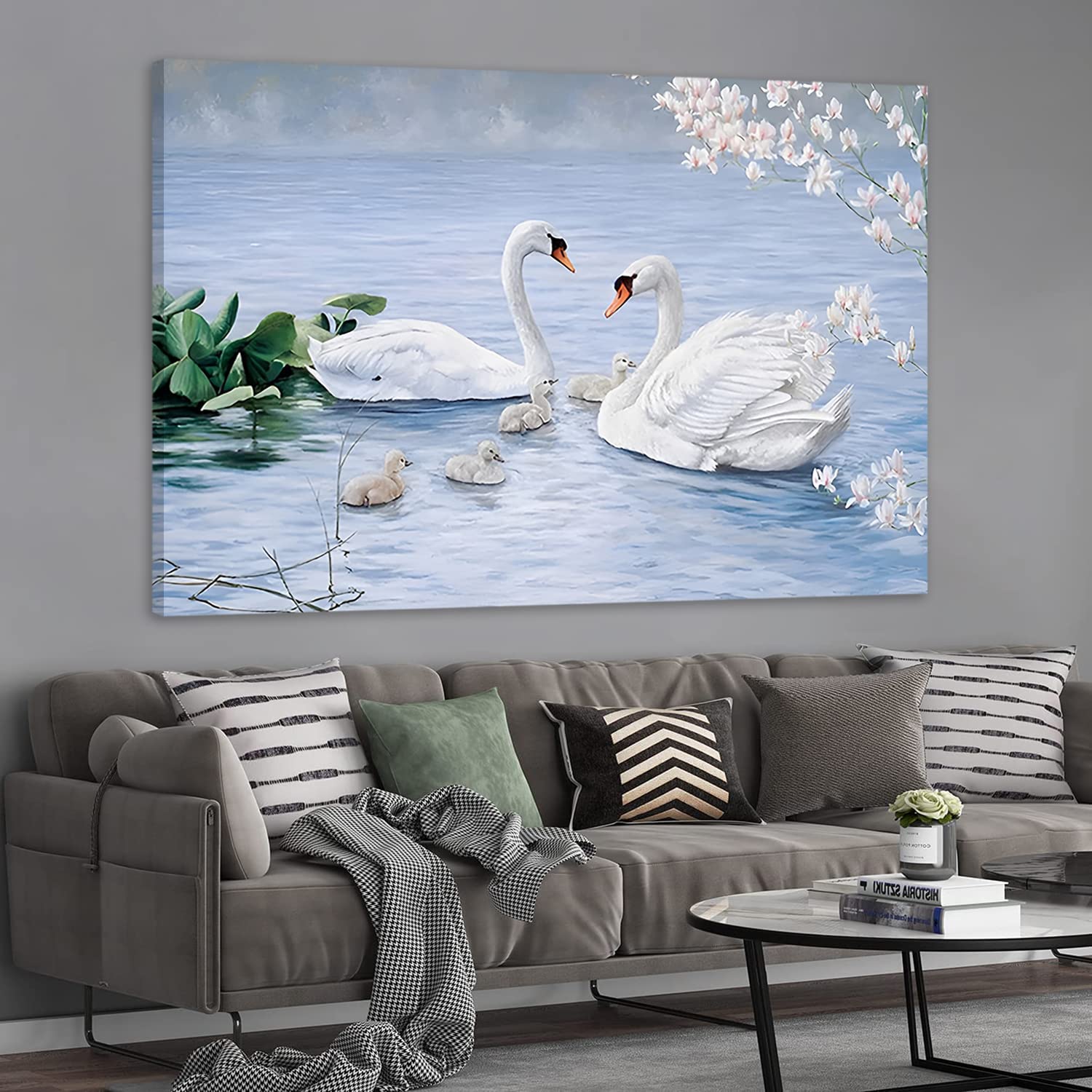Amazon｜キャンバスプリント ウォールアート 白鳥 家族 アート 絵画 壁