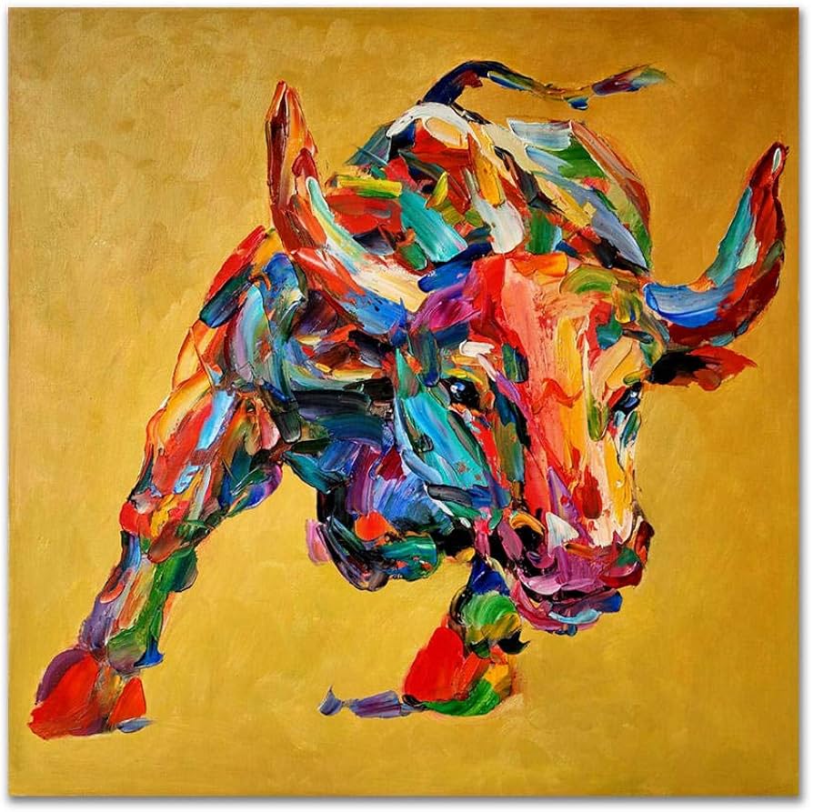 Amazon.co.jp: 緑のガラスの牛牛の牛の壁の芸術カラフルな動物の油絵は