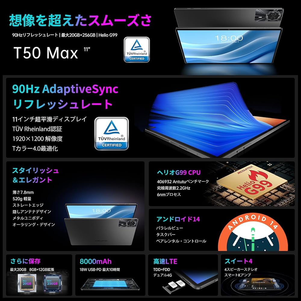 Amazon.co.jp: 2024 タブレット Android 14、Widevine L1対応 G99