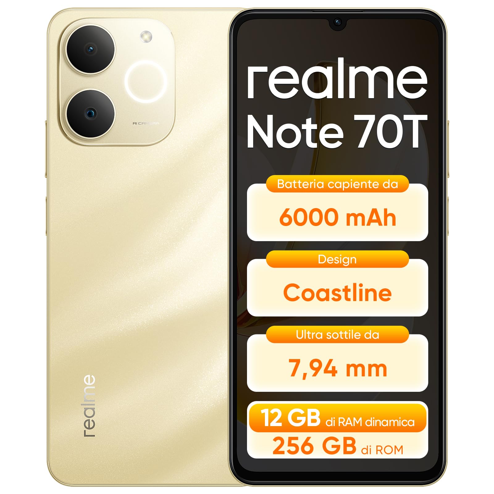 realme Note 70T 4+256GB Smartphone, Display HD da 6,75'' a 90Hz