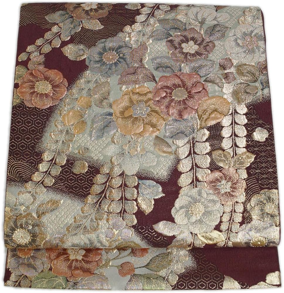 Amazon | 袋帯 辻が花模様 金通し 膨れ織 六通柄 金銀糸 葡萄茶色系