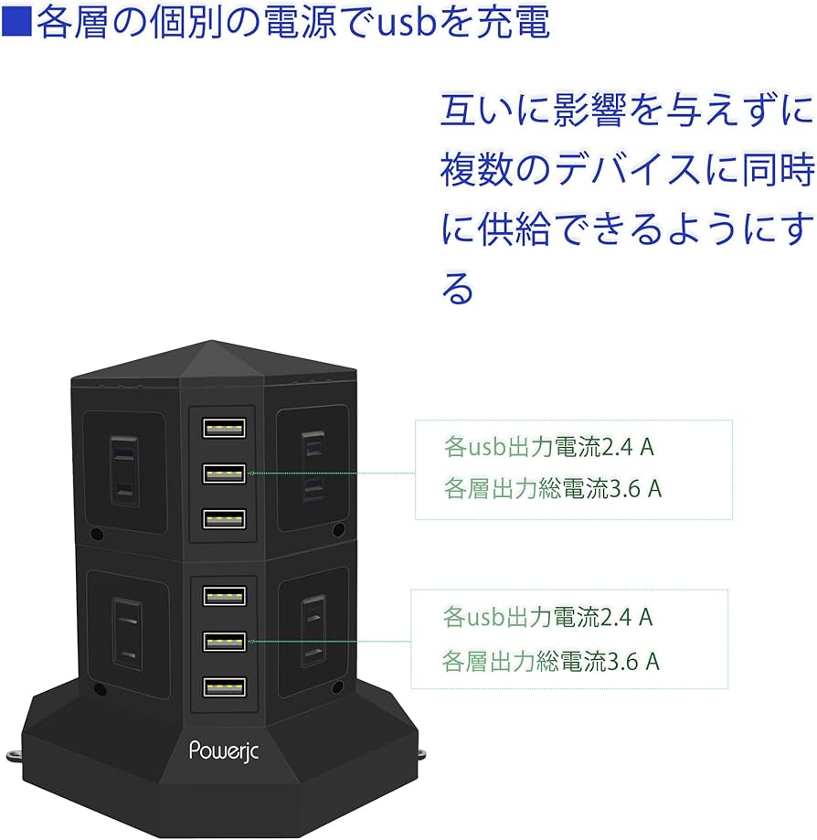 Amazon.co.jp: JIACHANタワー式電源タップ 縦コンセント 8AC充電口雷