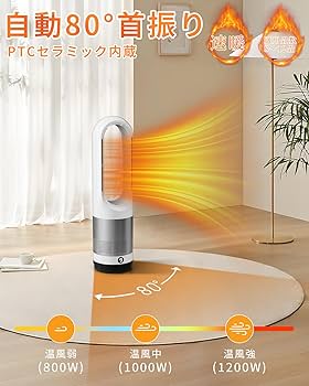 Amazon | タワーファン【通年使え・空気循環】8段階送風/3段階温風 羽