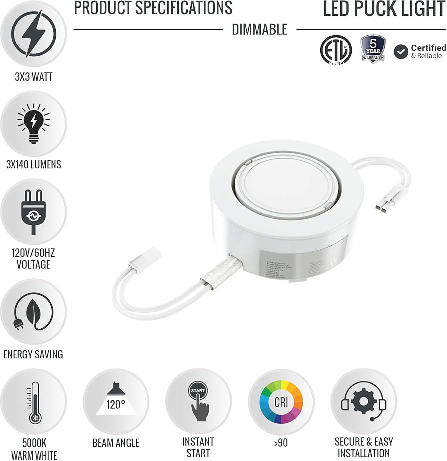 LEDMyplace 3-Piece 3x3W LED Puck Light Kit, 5000k Daylight White