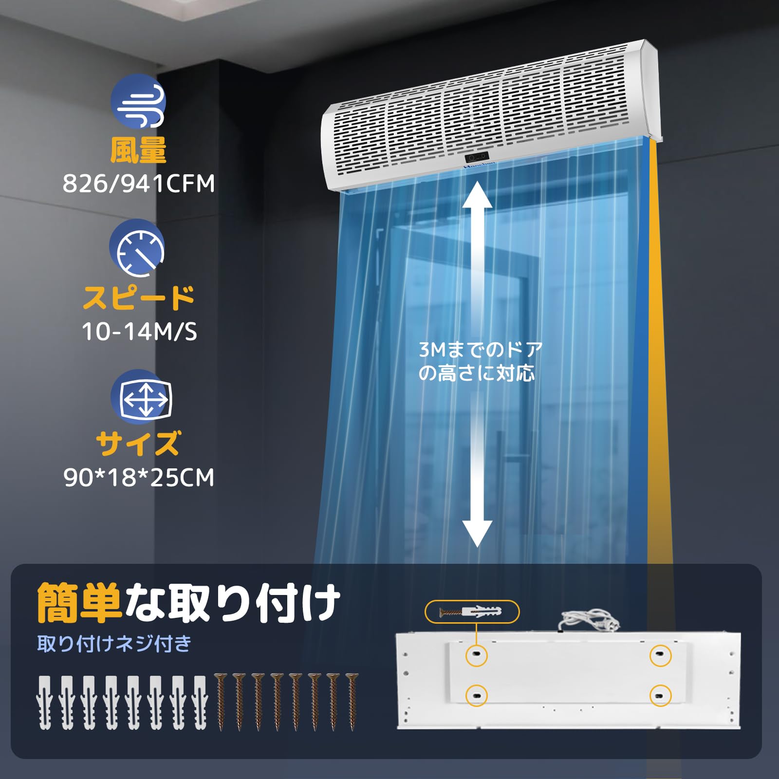 ハンチェンエアカーテン、826/941 CFM、10-14 m / sの調整可能 Amazon