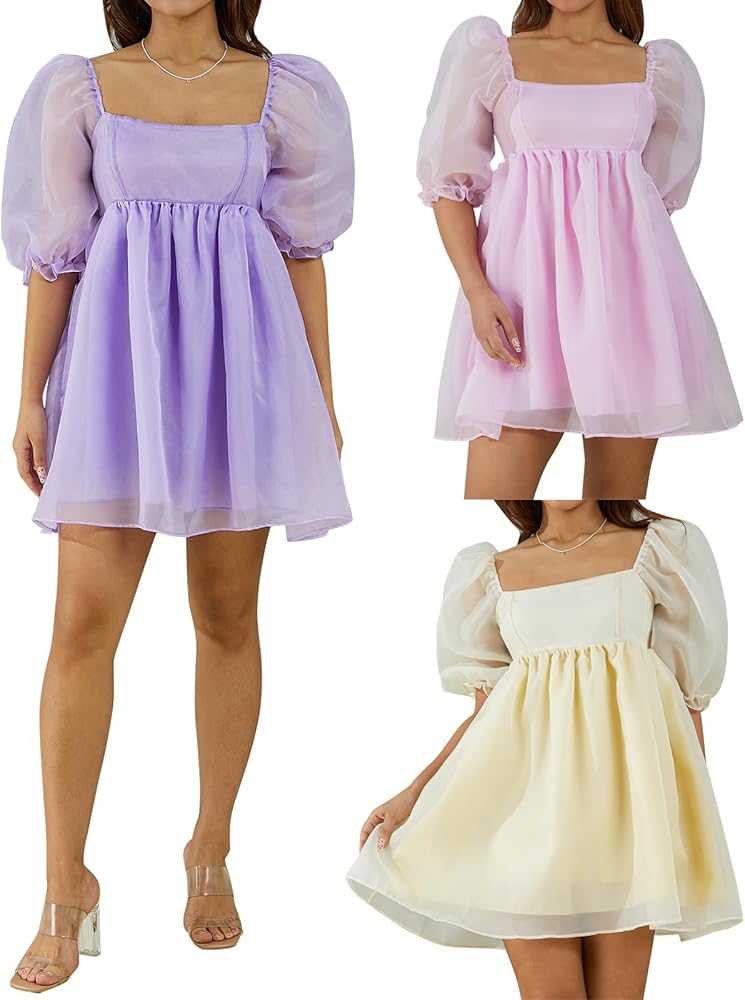 Women's Puff Sleeve Tulle Princess Dress Solid Color Square Neck