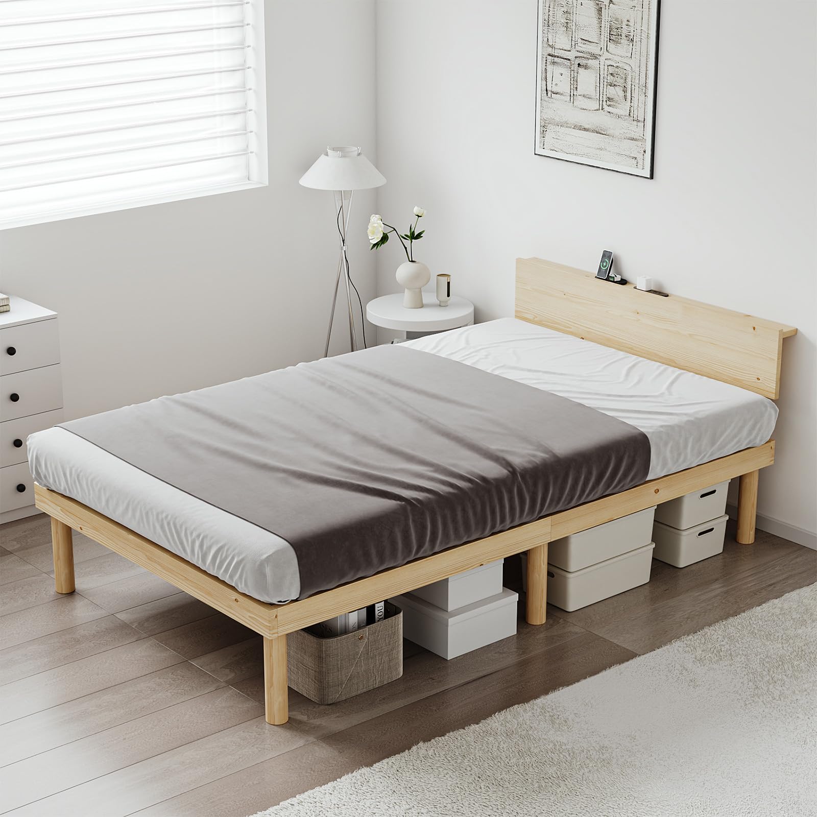 SuperKois ベッドフレーム ダブル ブラック コンセント 棚付き 収納