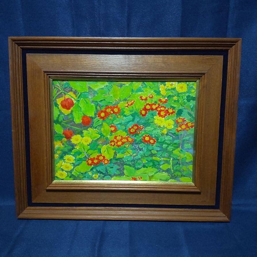 Amazon.co.jp: 217 絵画 油彩 油絵 風景画 柴田又太郎作 菊 額装 額縁