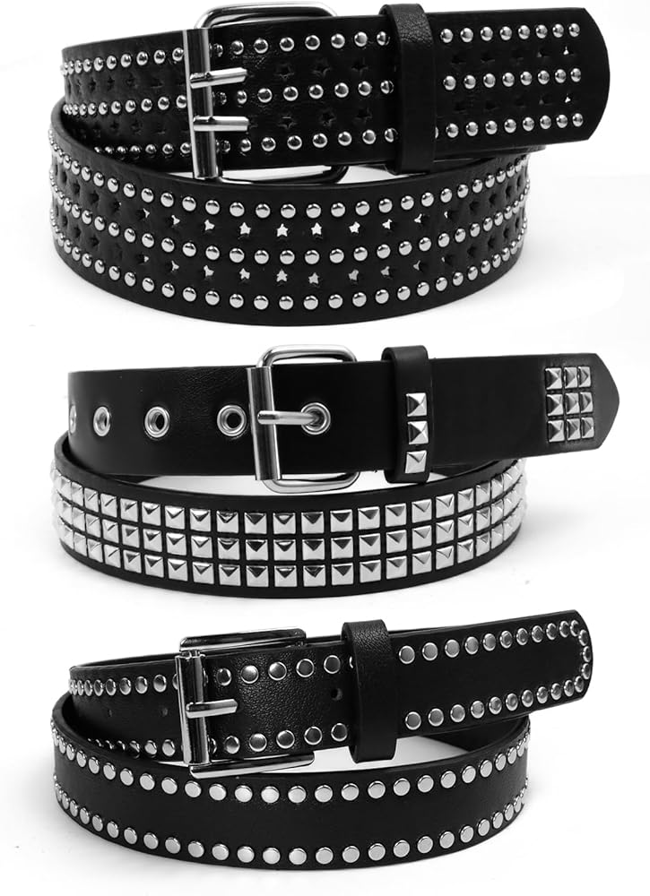 AEXHOT 3 Pcs Black Studded Belt Y2K Belt Faux Leather Star Belts