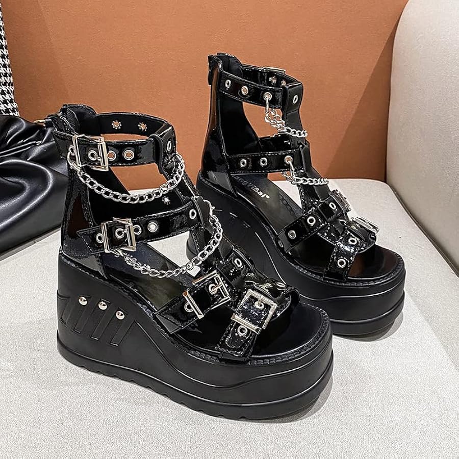 TNXZ Platform Sandals for Women Open Toe Chain Buckle Black Punk