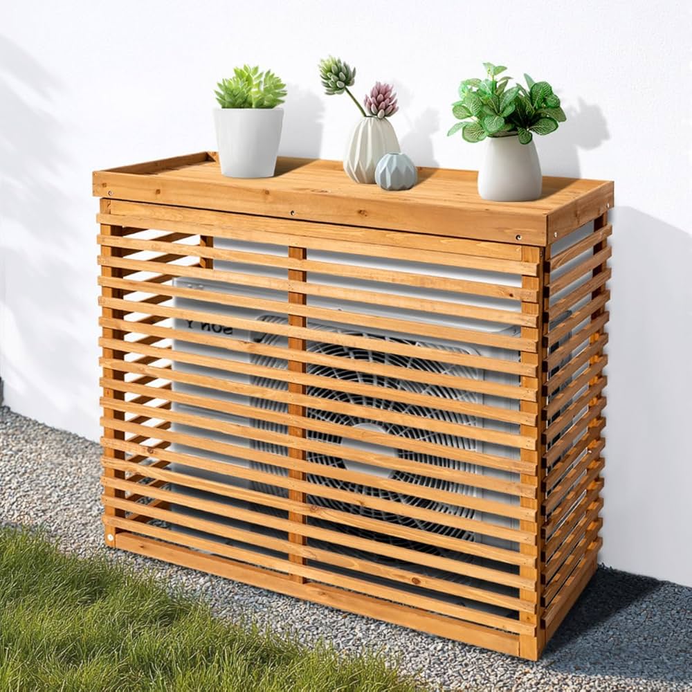 Amazon | Simpolu 【収納庫なし】 エアコン室外機カバー 天然木