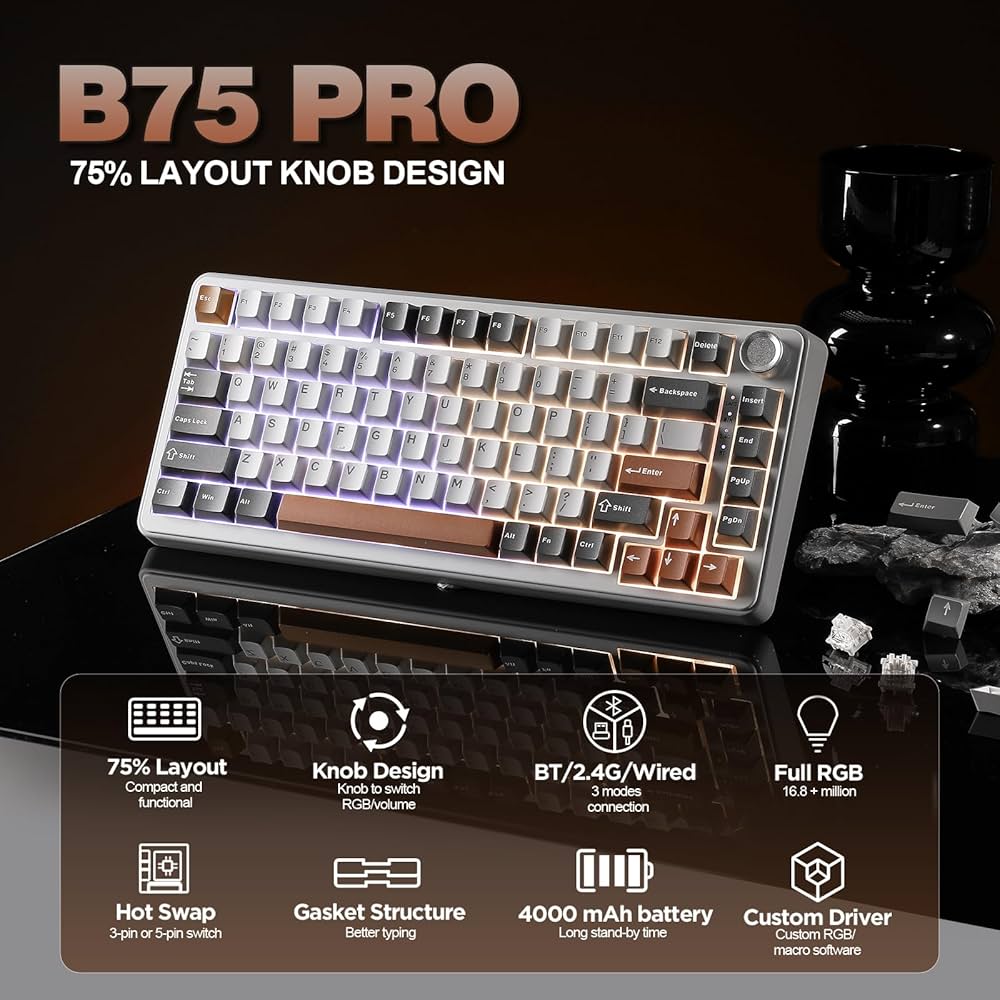 Amazon | YUNZII B75 PRO 75% ガスケットゲーミングキーボード 無線