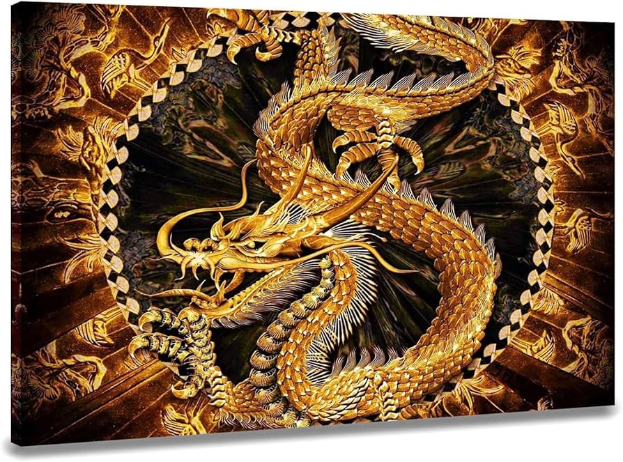 Amazon.co.jp: キャンバス絵画 昇運 幸運 黄金のドラゴン アートパネル
