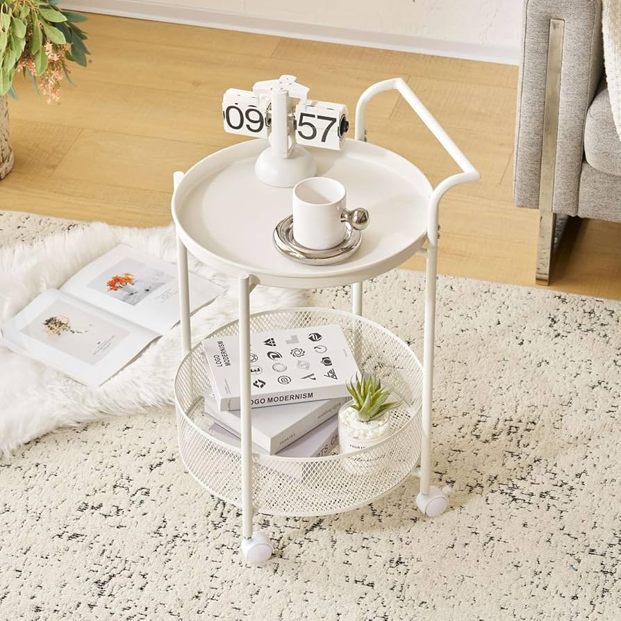 Amazon｜Harper & Bright Designs サイドテーブル 白 丸 キャスター
