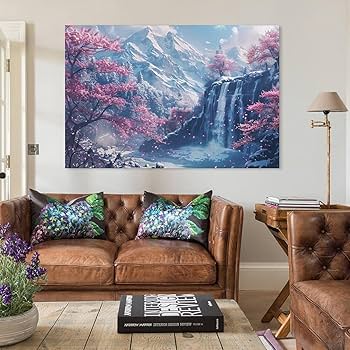 Amazon.co.jp: 絵画 桜と滝の風景インテリア 絵画 美しい自然の風景