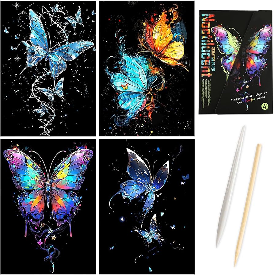 Amazon.co.jp: METBOU スクラッチアート 大人 蝶々 4枚セット 夜光