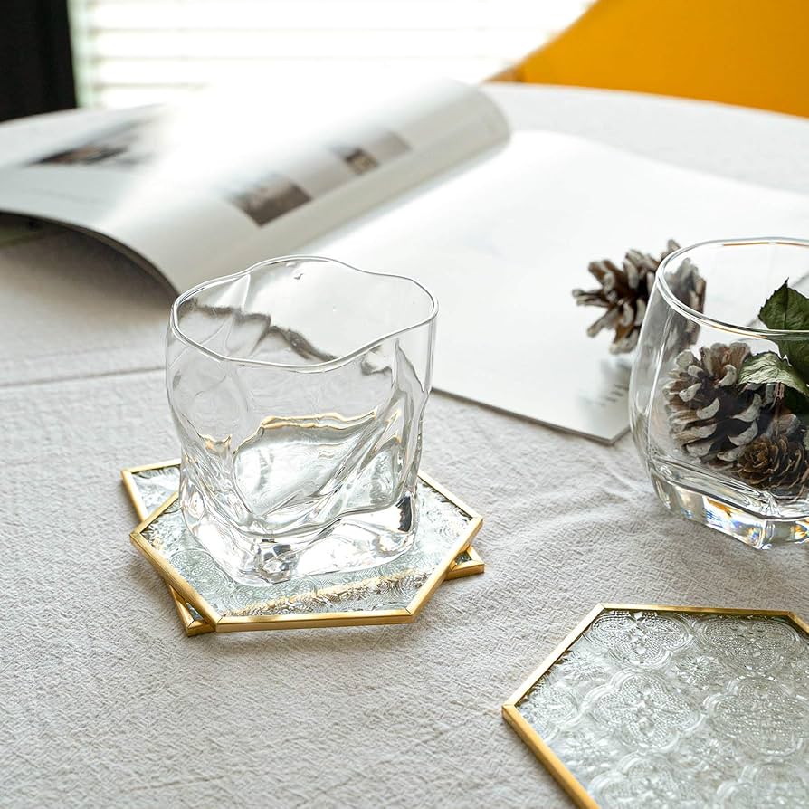 Vintage フローラル 純銀 ドリンクコースター クリスタルガラス4枚